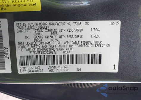 2016 Toyota Tundra Sr5 5.7L V8 из США, поврежденный, VIN 5TFEW5F18GX200272